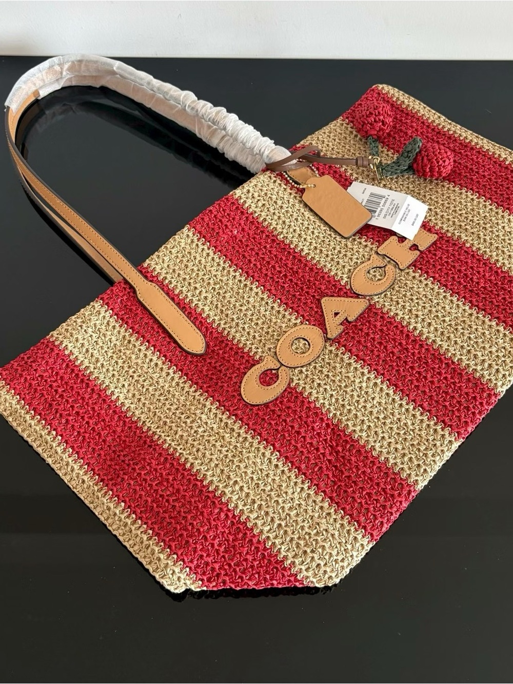 Coach Red and Natural Striped Straw Tote with Leather Handles - Picture 5 of 8